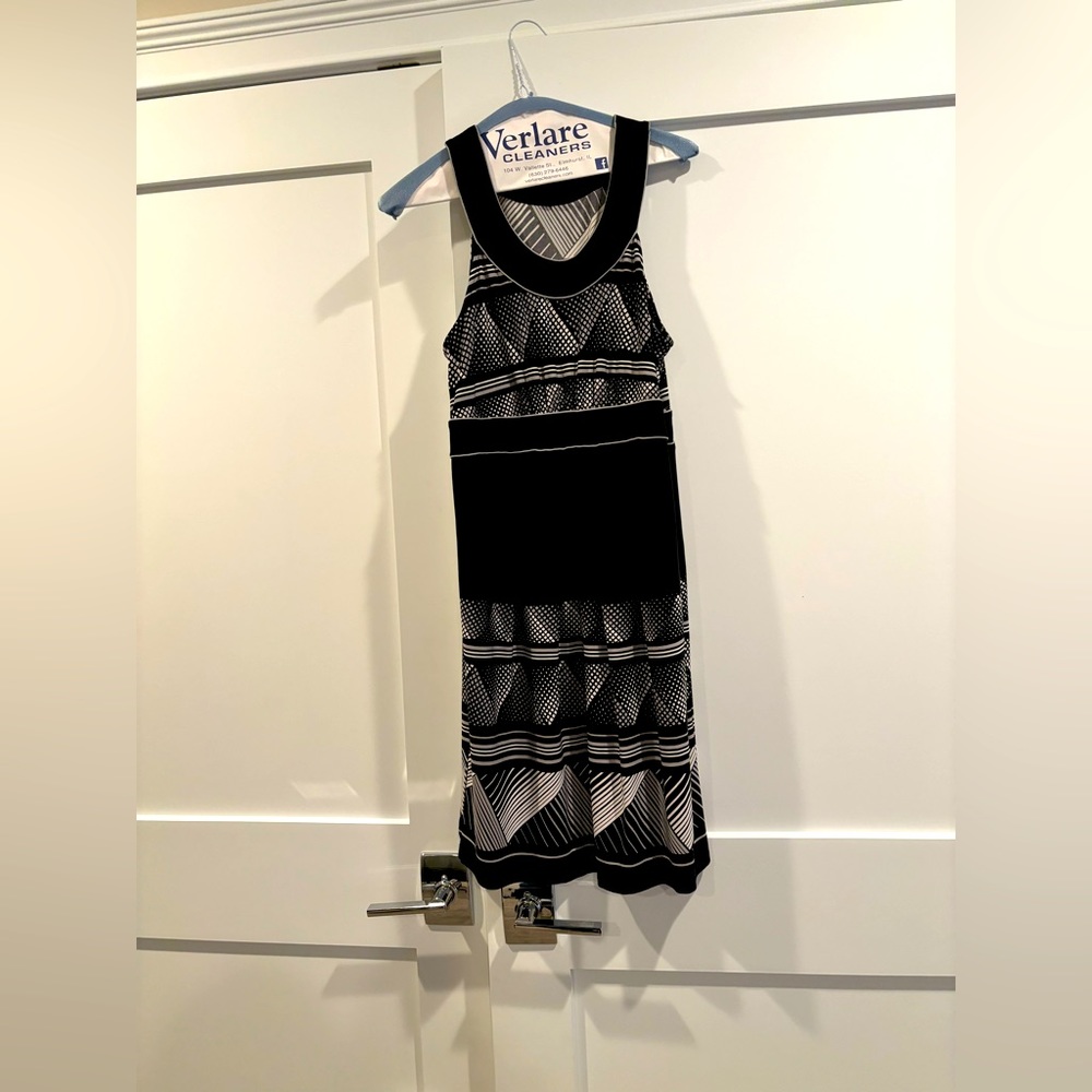 Black geometric, pattern, dress size small.